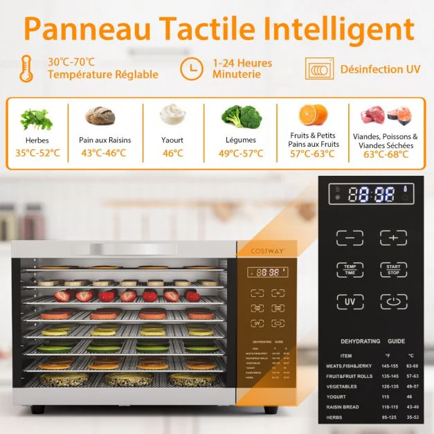 Déshydrateur alimentaire 8 plateaux en maille amovibles séchoir alimentaire pour fruits viandes contrle de température minuterie protection argent 20_0005258