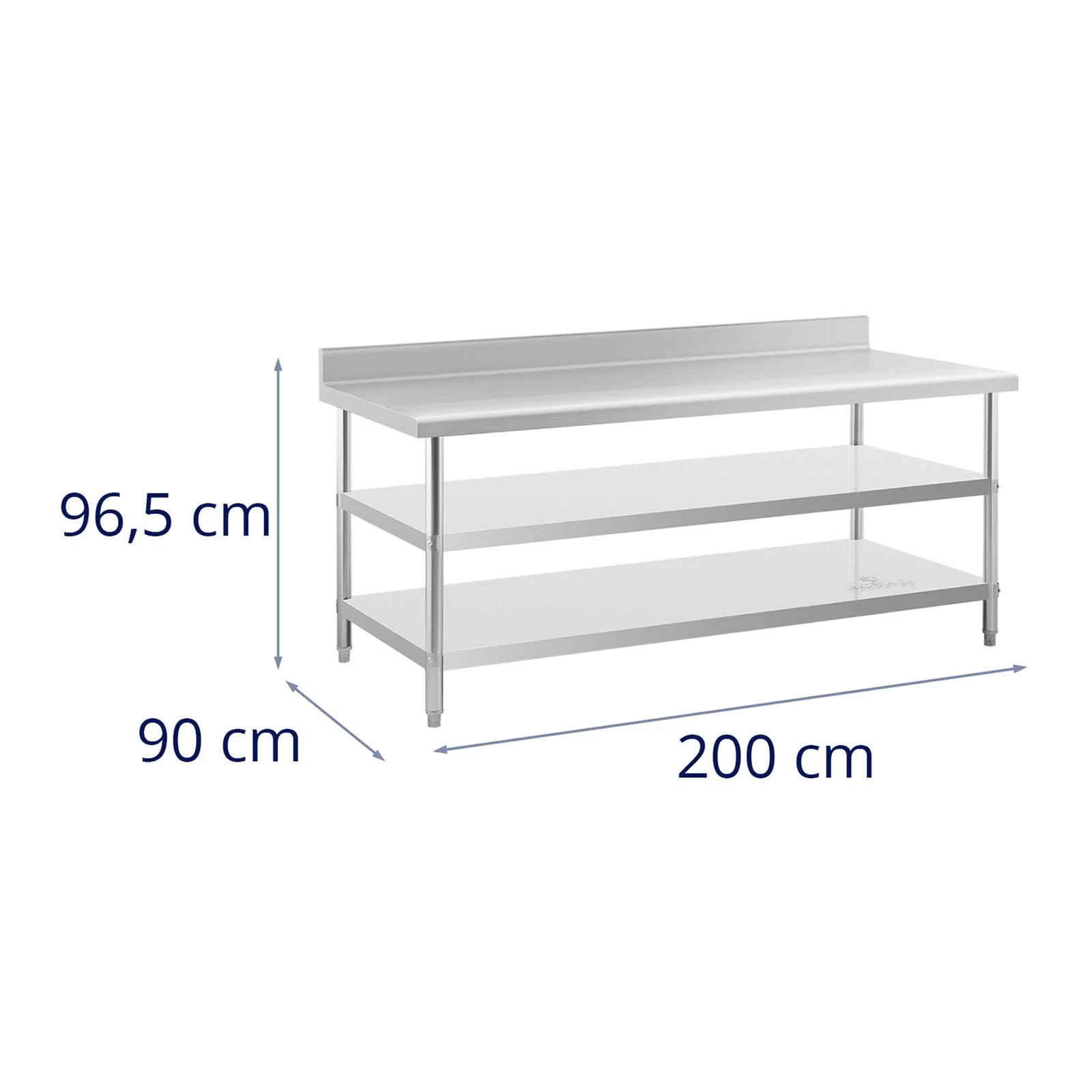 Table de travail acier inoxydable avec dosseret - 200 x 90 x 16.5 cm - 240 kg - 2 tablettes 14_0007309