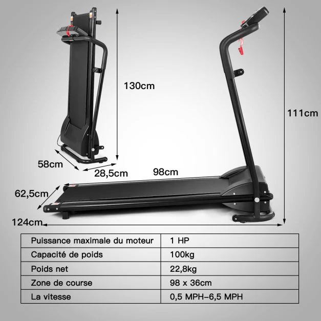 Tapis de course electrique pliable 1 à 10 km/h 12 programmes avec clé de sécurité moteur 1.0hp ecran multifonctions fer noir 20_0004967