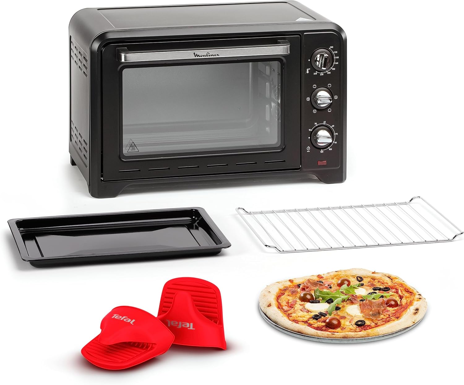 Moulinex Four électrique posable 19 L, Compact, chaleur tournante, 6 modes de cuisson, Thermostat réglable jusqu’à 240°C, Minuteur 120 min, Grille réversible, Lèche frites, Optimo noir OX444810