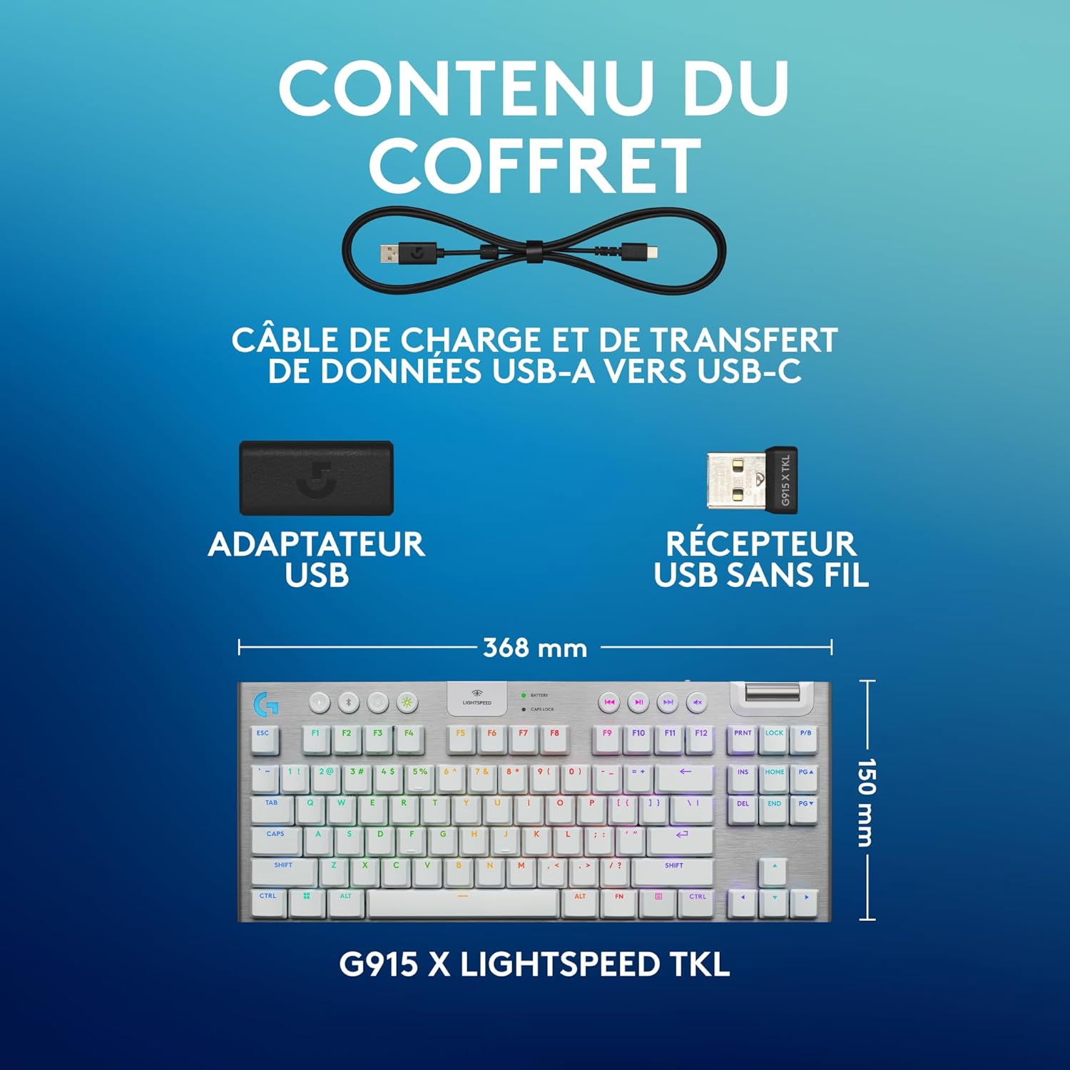 Logitech G915 TKL Tenkeyless LIGHTSPEED Clavier Gamer Mécanique, Switch ultra-plat GL Tactile, RGB LIGHTSYNC, Design élégant et mince, 40+ heures de jeu, Franais AZERTY - Noir