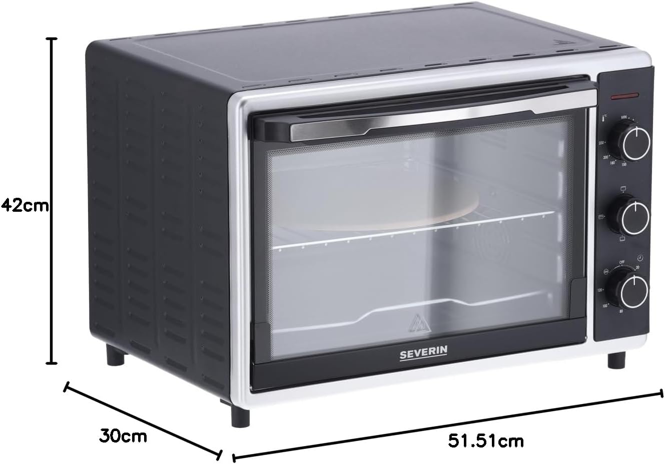 SEVERIN Mini-Four à chaleur tournante 42 L avec pierre à pizza et tournebroche, Four posable 1 800 W design élégant, électrique avec minuteur 120 min, Noir/Inox, TO 2058