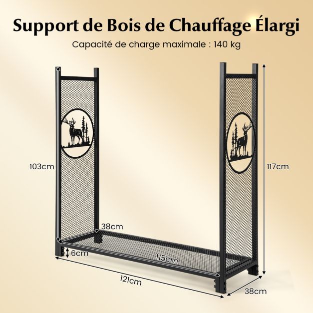Support à bois de chauffage 121 cm support à bches robuste avec ctés en maille motifs de cerfs et d'arbres pour intérieur et extérieur noir 20_0005364