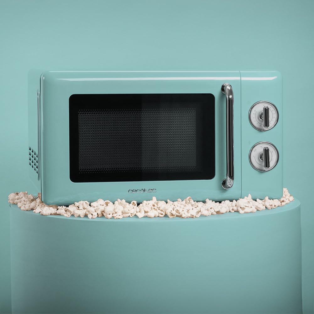 Cecotec Micro-Ondes Mécanique avec Grill Proclean 3110 Retro Bleu. 20 L, 700 W en 6 niveaux, minuterie jusqu'à 30 minutes, mode dégivrage, design vintage bleu, finitions en acier.