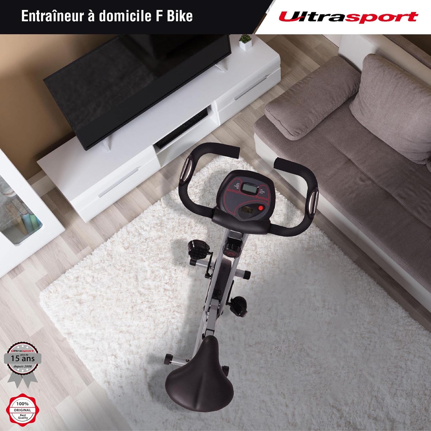 Ultrasport F-Bike, entraneur vélo, vélo d'appartement, home trainer pliable, écran LCD, opt. capteurs pouls main, Niveaux de résistance réglables, faciles à assembler, idéal pour athlètes et seniors