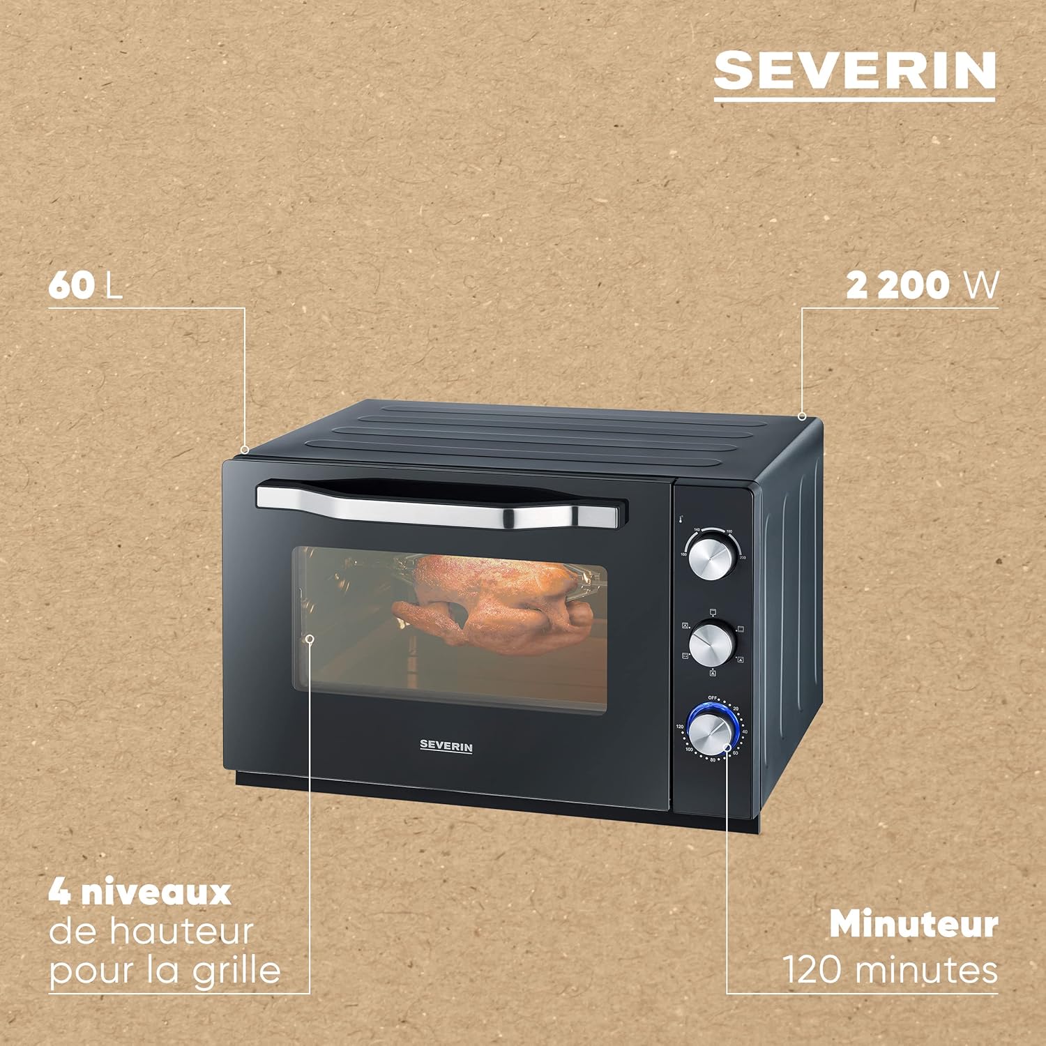 SEVERIN Mini-Four à chaleur tournante 42 L avec pierre à pizza et tournebroche, Four posable 1 800 W design élégant, électrique avec minuteur 120 min, Noir/Inox, TO 2058
