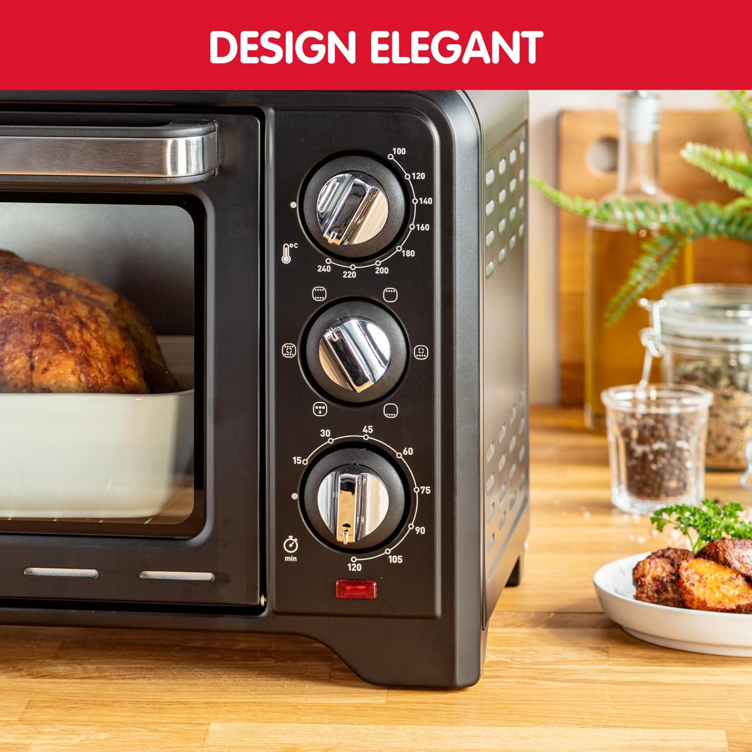 Moulinex Four électrique posable 19 L, Compact, chaleur tournante, 6 modes de cuisson, Thermostat réglable jusqu’à 240°C, Minuteur 120 min, Grille réversible, Lèche frites, Optimo noir OX444810