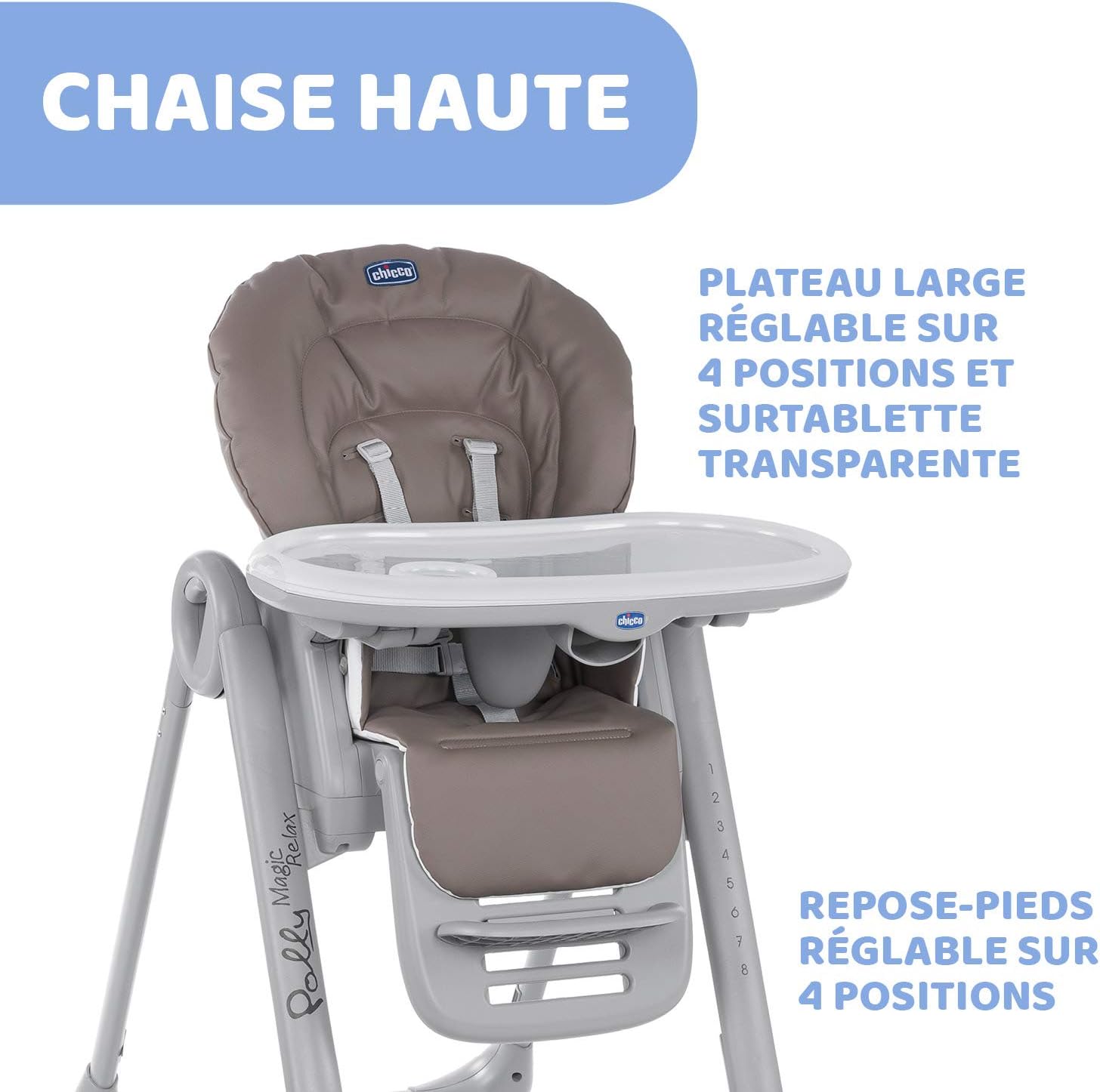 Chicco Polly Magic Relax Chaise Haute Bébé volutive et Pliable à 4 Roues, Enfants de la Naissance à 3 ans (15 kg), Inclinable en Transat, avec Coussin Réducteur et Barre de Jeux - Gris