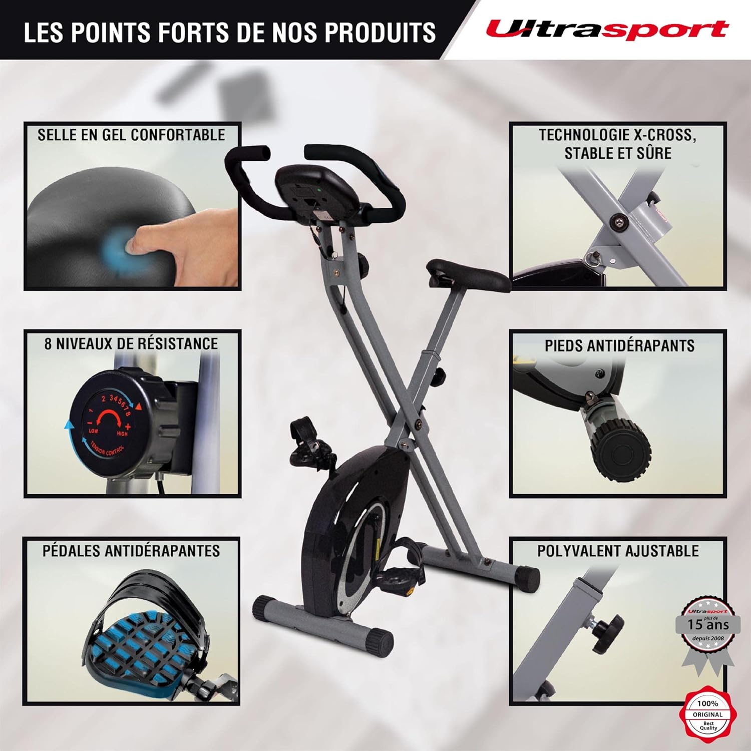 Ultrasport F-Bike, entraneur vélo, vélo d'appartement, home trainer pliable, écran LCD, opt. capteurs pouls main, Niveaux de résistance réglables, faciles à assembler, idéal pour athlètes et seniors
