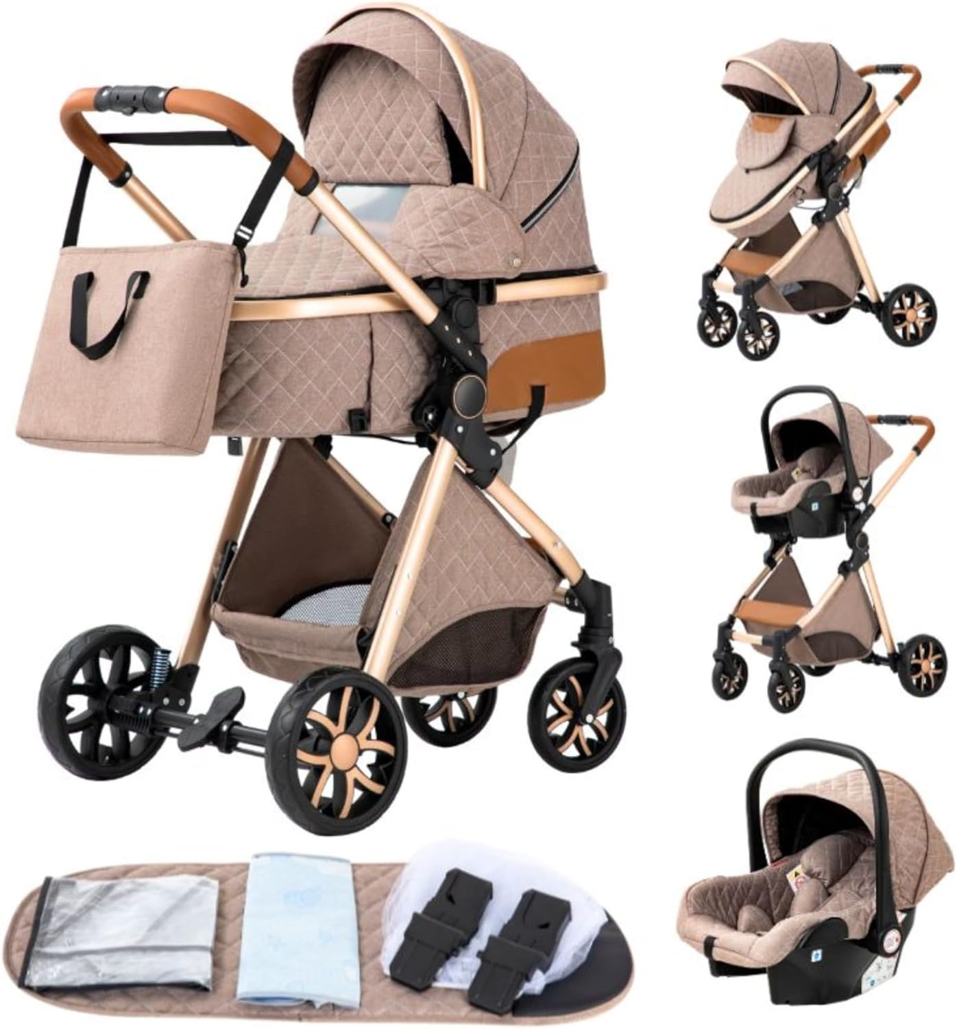 YAZOCO Poussette 3 en 1 Pliable Poussette Bebe Confort Moustiquaire, Couvre - Pieds, Porte - Gobelet, Coussin Poussettes et Landaus