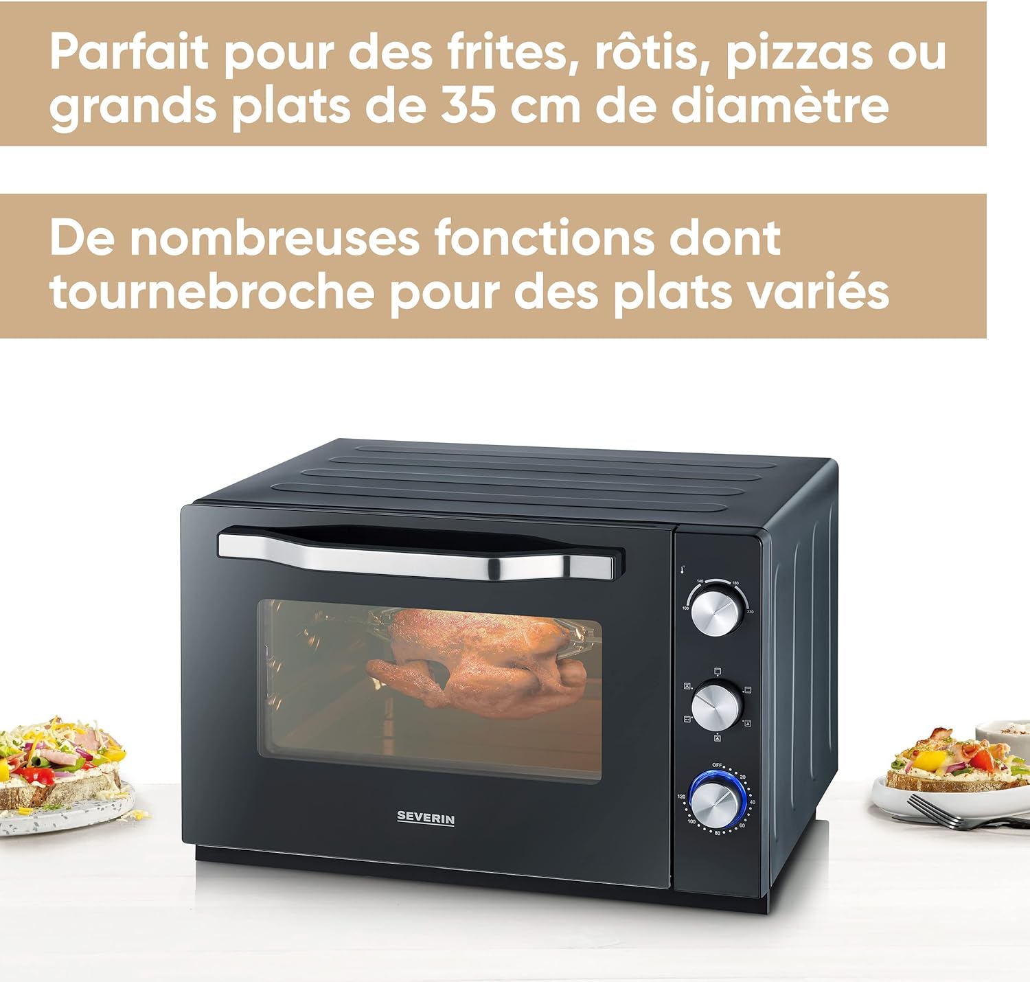 SEVERIN Mini-Four à chaleur tournante 42 L avec pierre à pizza et tournebroche, Four posable 1 800 W design élégant, électrique avec minuteur 120 min, Noir/Inox, TO 2058