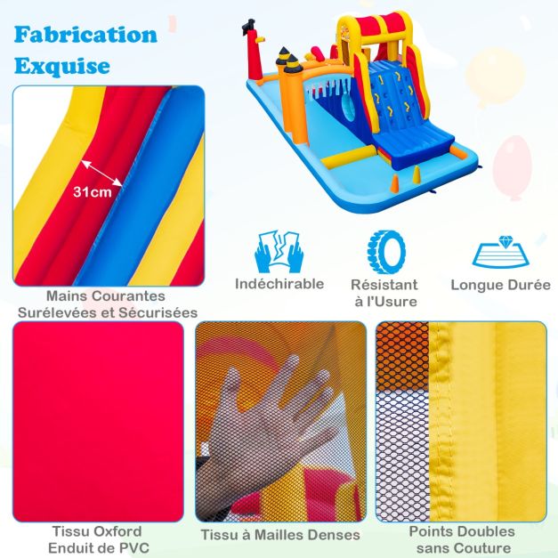 Chteau gonflable en forme bote avec toboggan aquatique & mur d’escalade charge 90 kg pour 3 enfants de 3-10 ans 693 x 295 x 263 cm sans souffleur 20_0008278