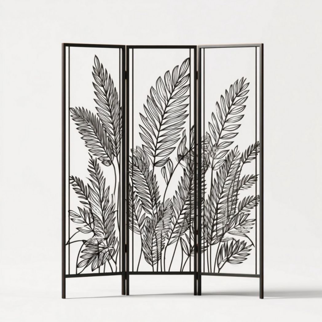 Paravent 3 panneaux en métal ajouré motif végétal, coloris noir