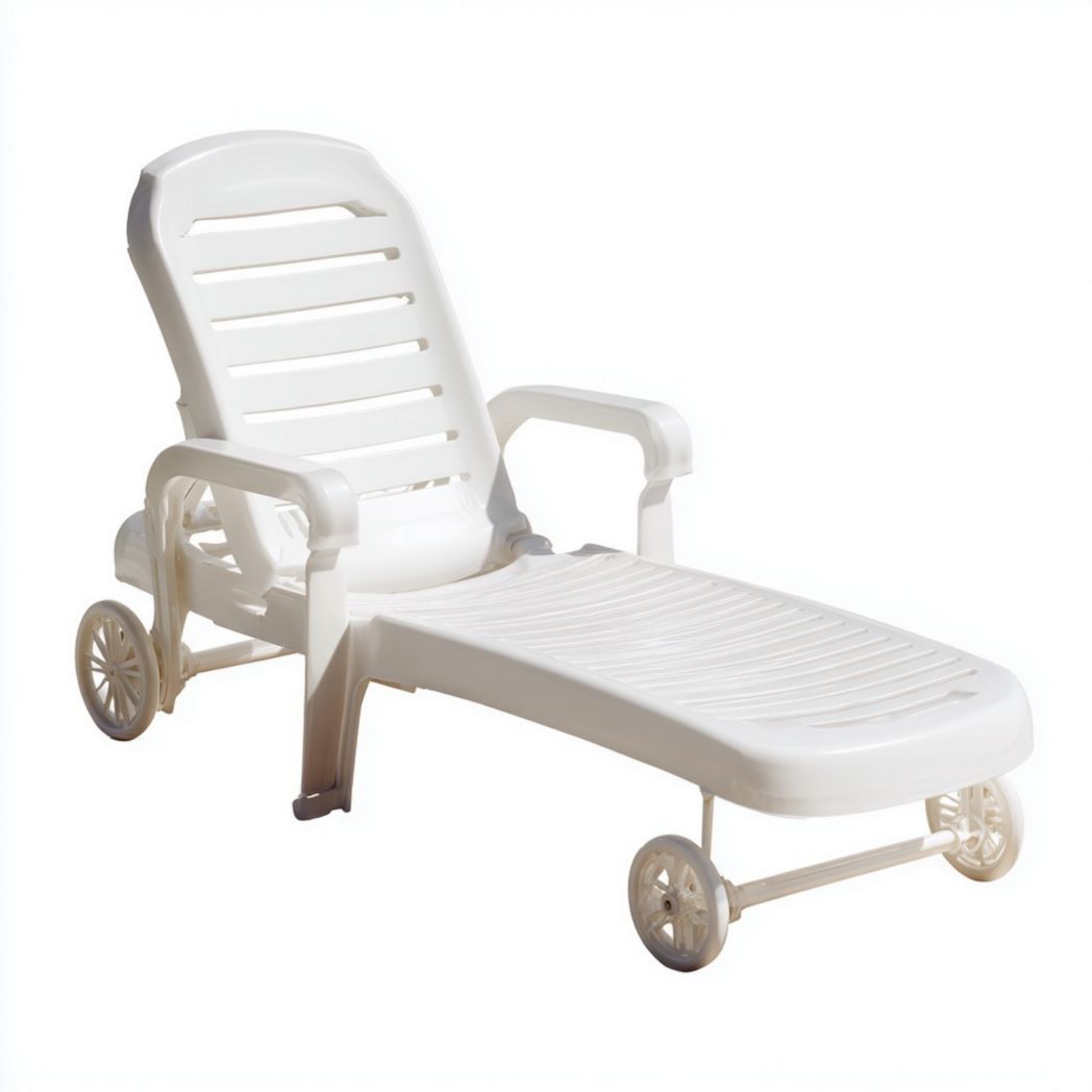 Chaise longue en plastique avec roues et dossier réglable