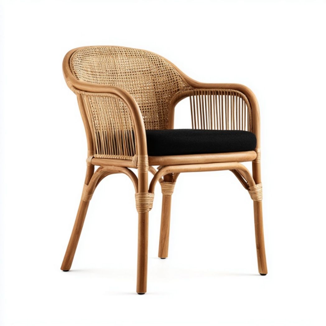 Fauteuil en rotin naturel avec coussin noir – Structure en bois