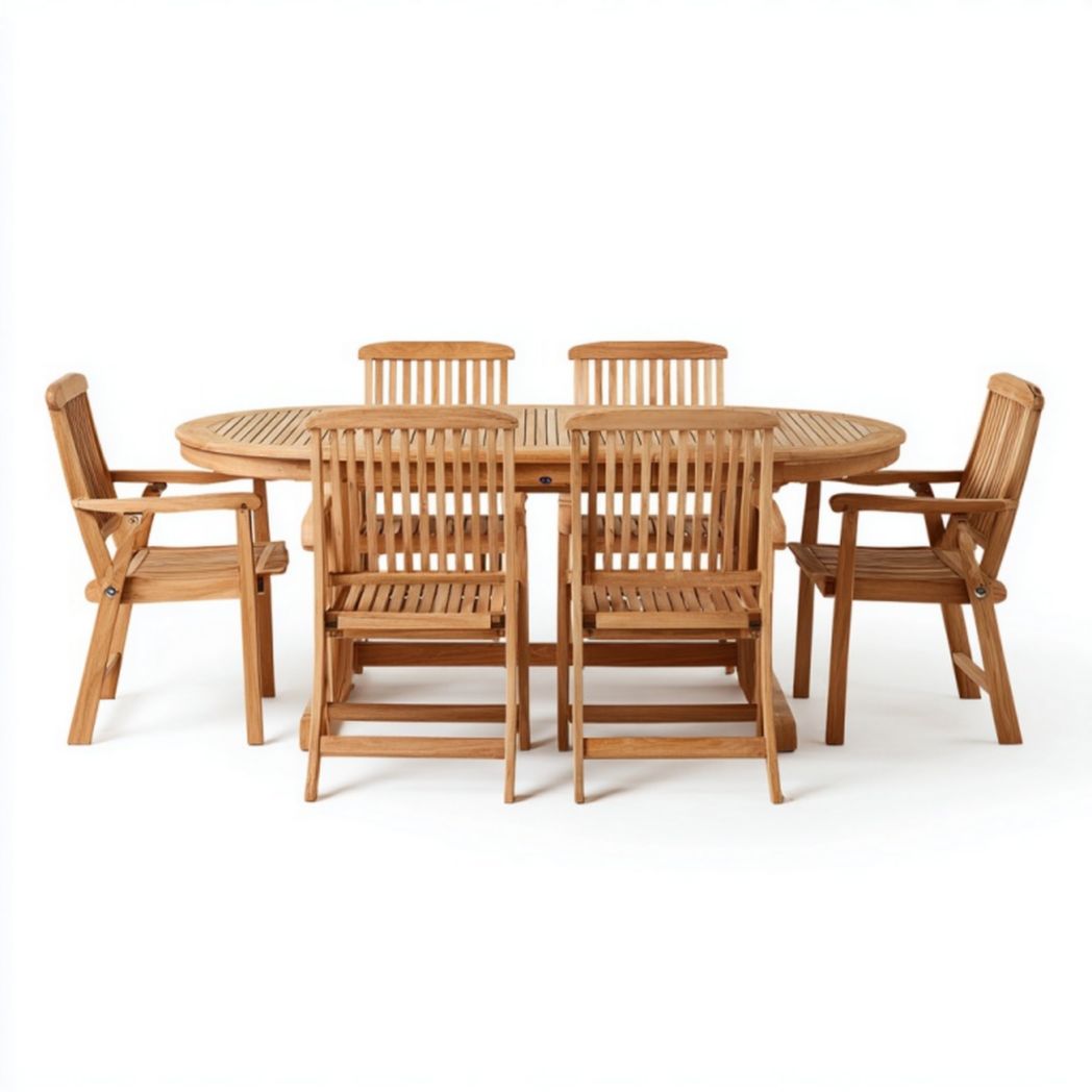 Ensemble de salle à manger de jardin en teck – 1 table et 6 chaises