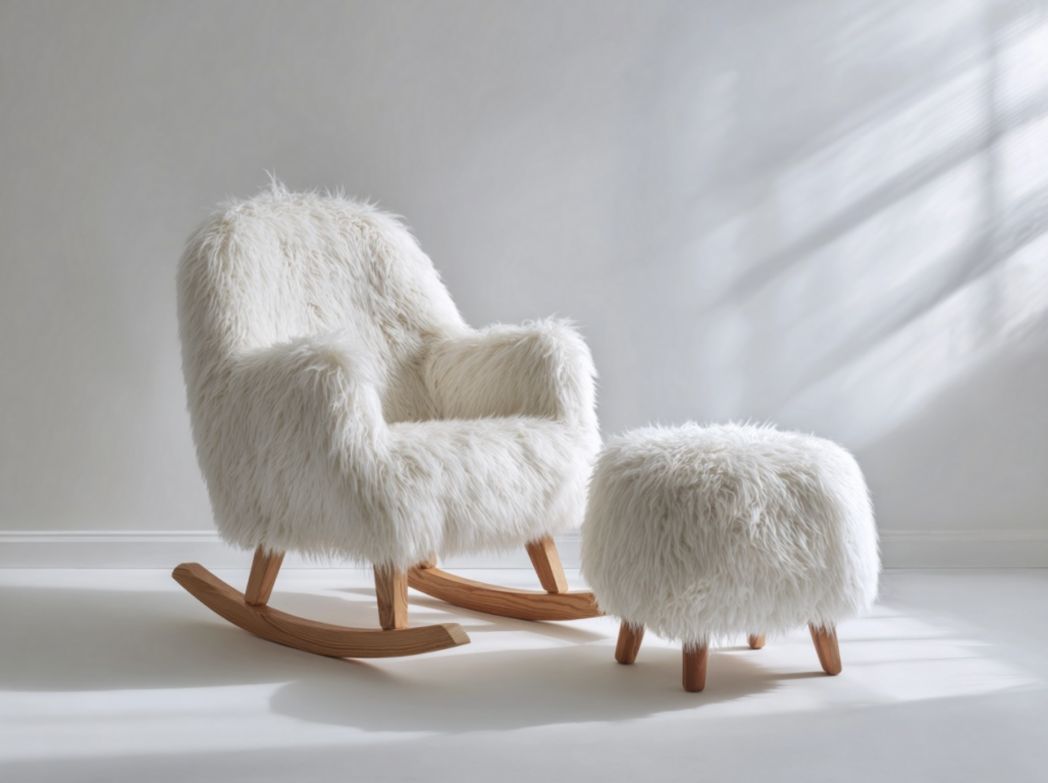 Fauteuil à bascule avec repose-pieds en fourrure longue blanche – patins en bois