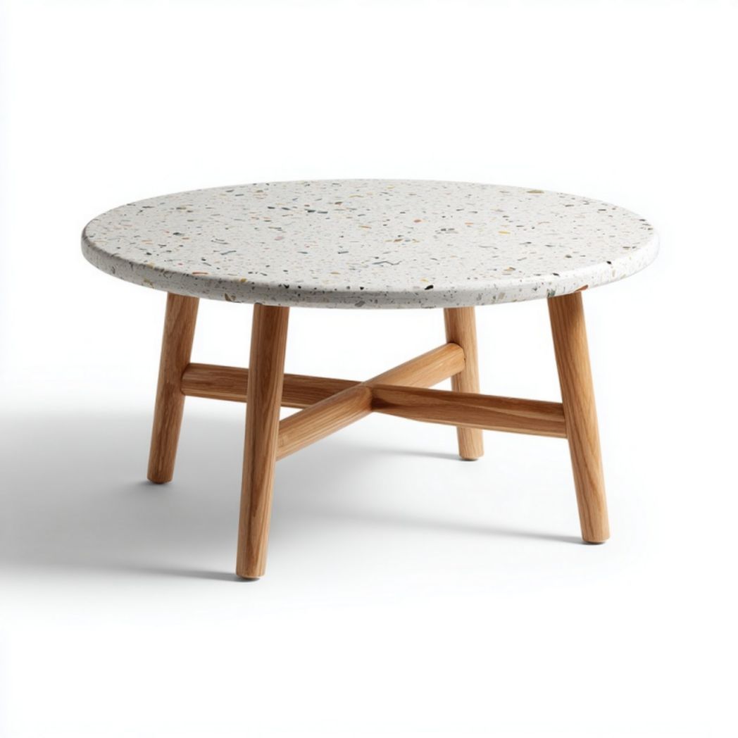 Table de jardin ronde en terrazzo et bois