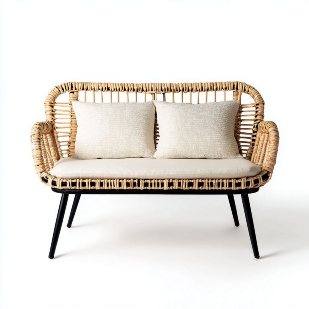 Banc de jardin 2 places en rotin synthétique avec structure métallique et coussins beiges