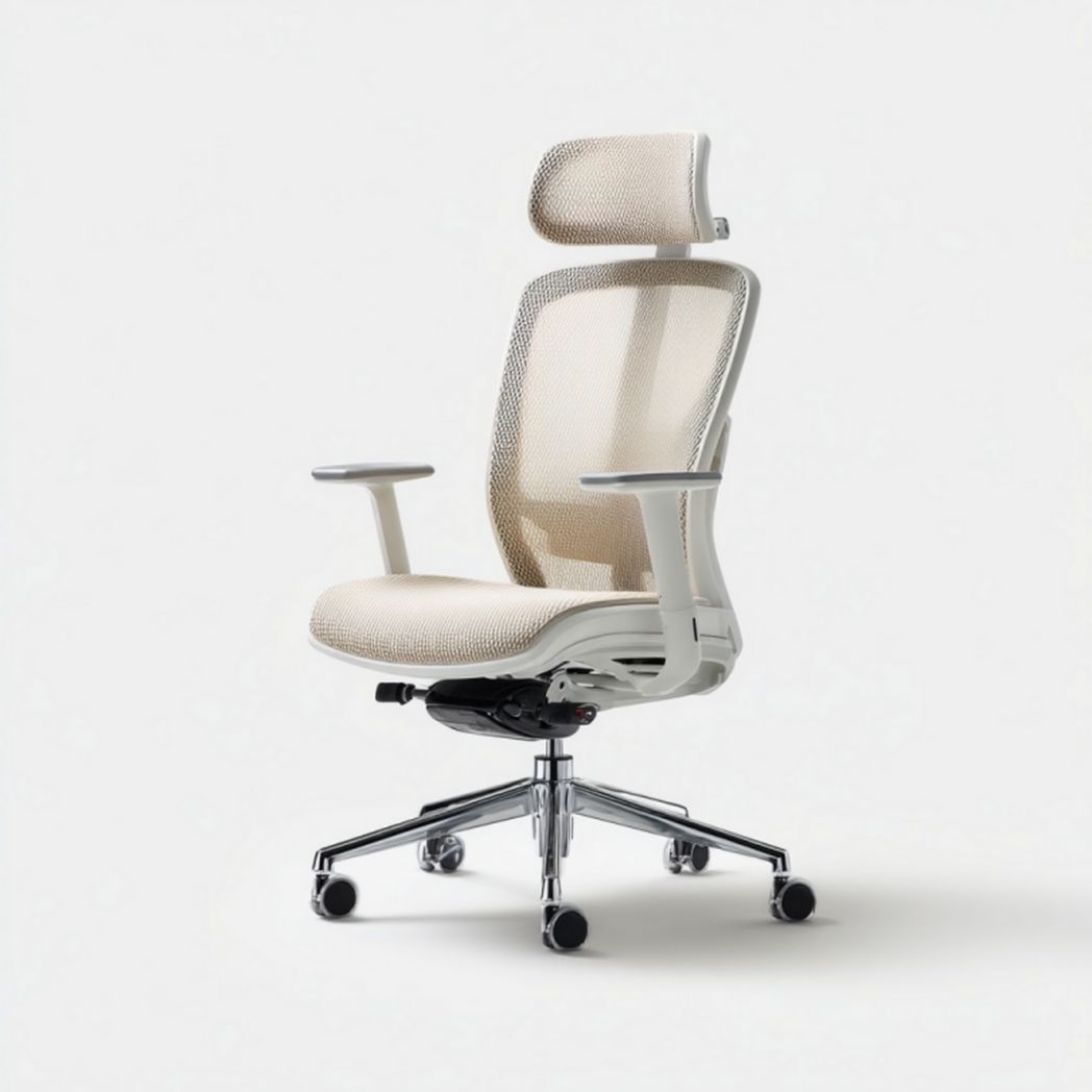 Chaise de bureau ergonomique en maille blanche avec appui-tête et accoudoirs – hauteur réglable