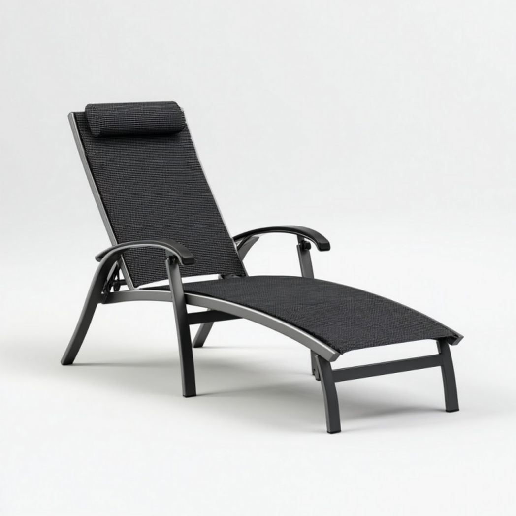 Chaise longue d'extérieur noire en aluminium réglable avec appui-tête