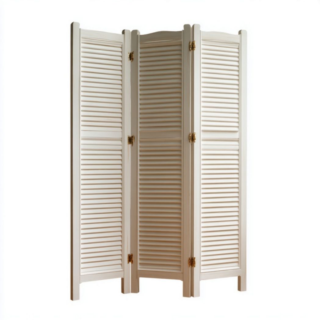 Paravent 3 panneaux en bois persiennes, coloris blanc cassé