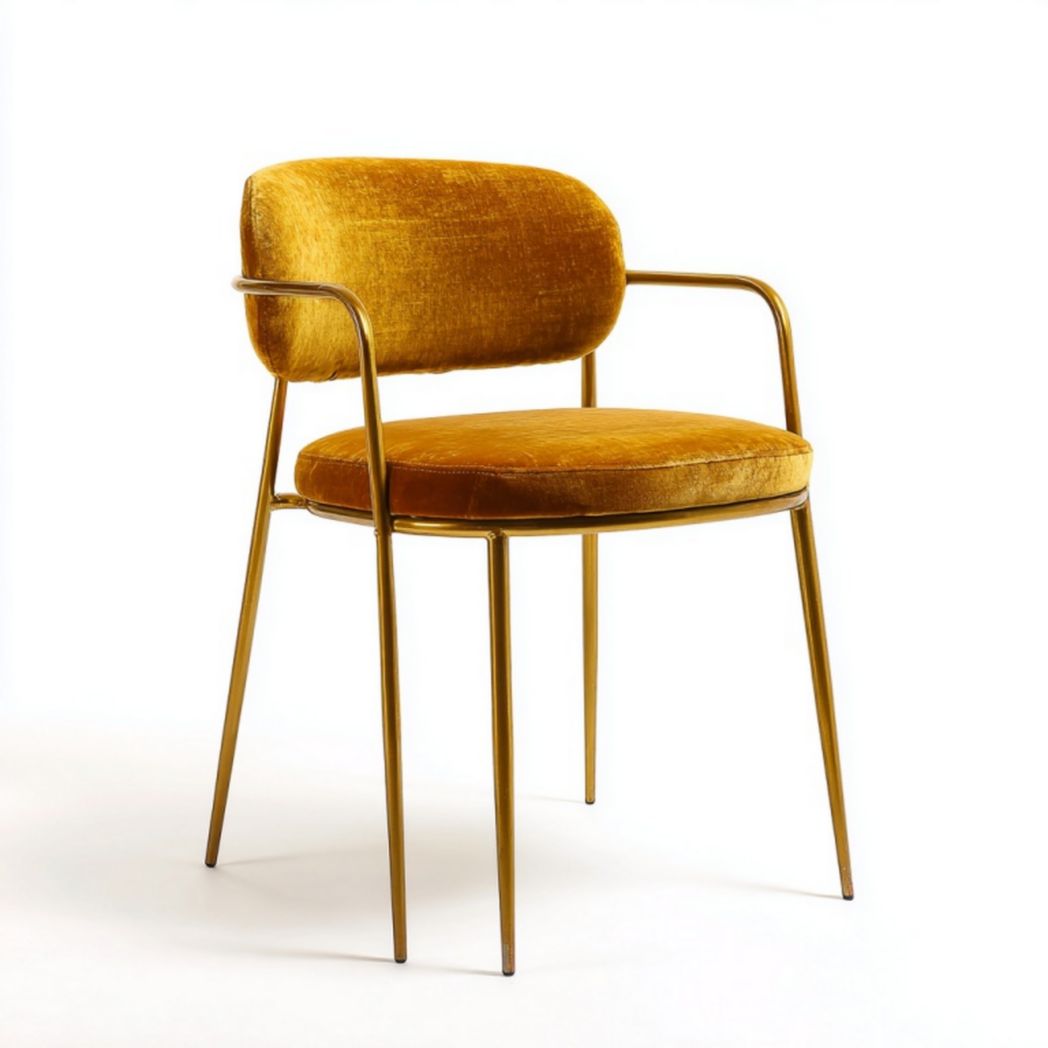 Fauteuil en velours jaune avec structure en métal