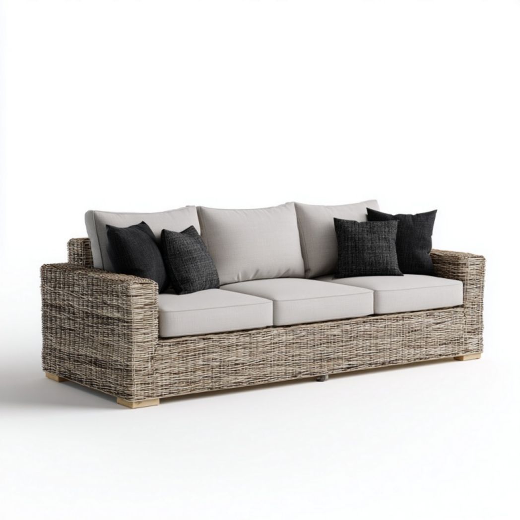 Canapé de jardin trois places en rotin synthétique avec coussins beige clair et noirs