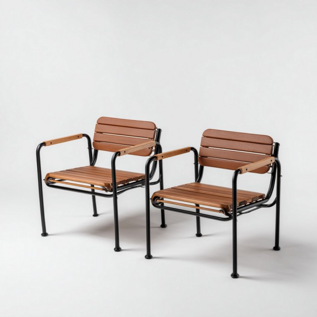 Lot de 2 chaises de jardin avec accoudoirs – Structure métallique et assise en bois