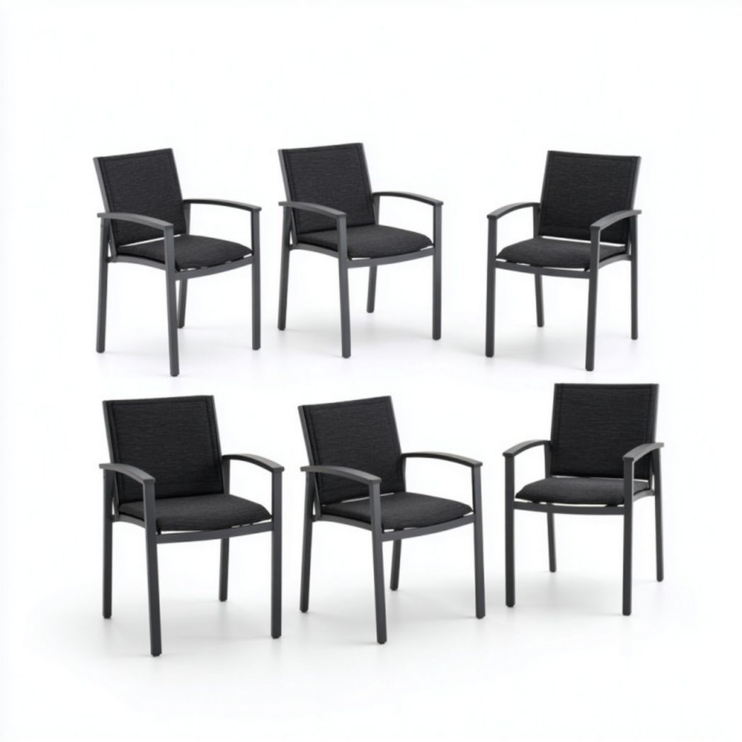 Lot de 6 chaises de jardin avec accoudoirs – Structure métallique et coussin en tissu noir