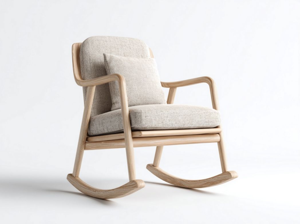Fauteuil à bascule en bois clair et tissu beige avec coussin
