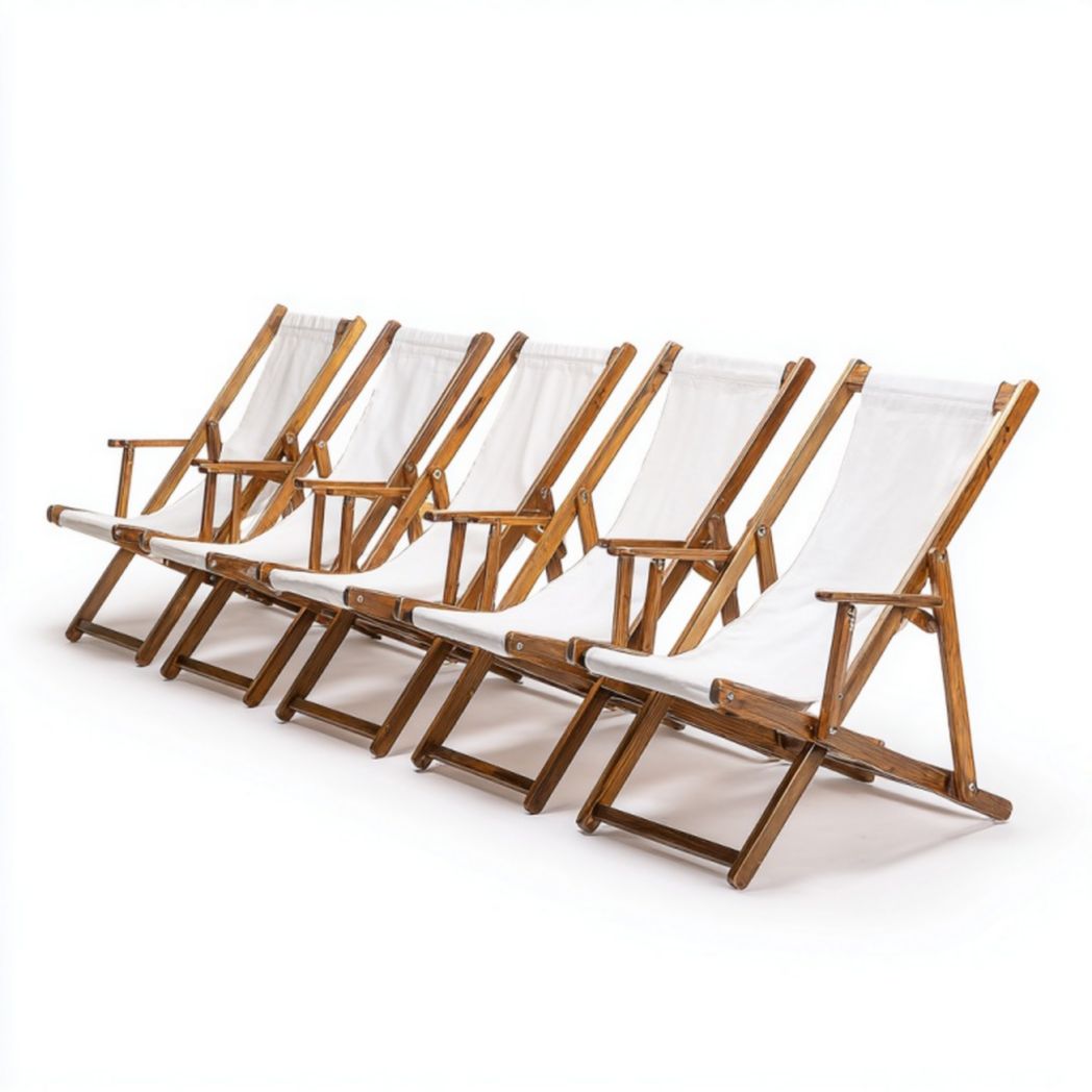 Lot de 5 chaises longues pliantes en bois et toile