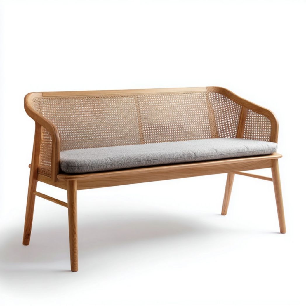 Banc en bois avec dossier en rotin et coussin gris