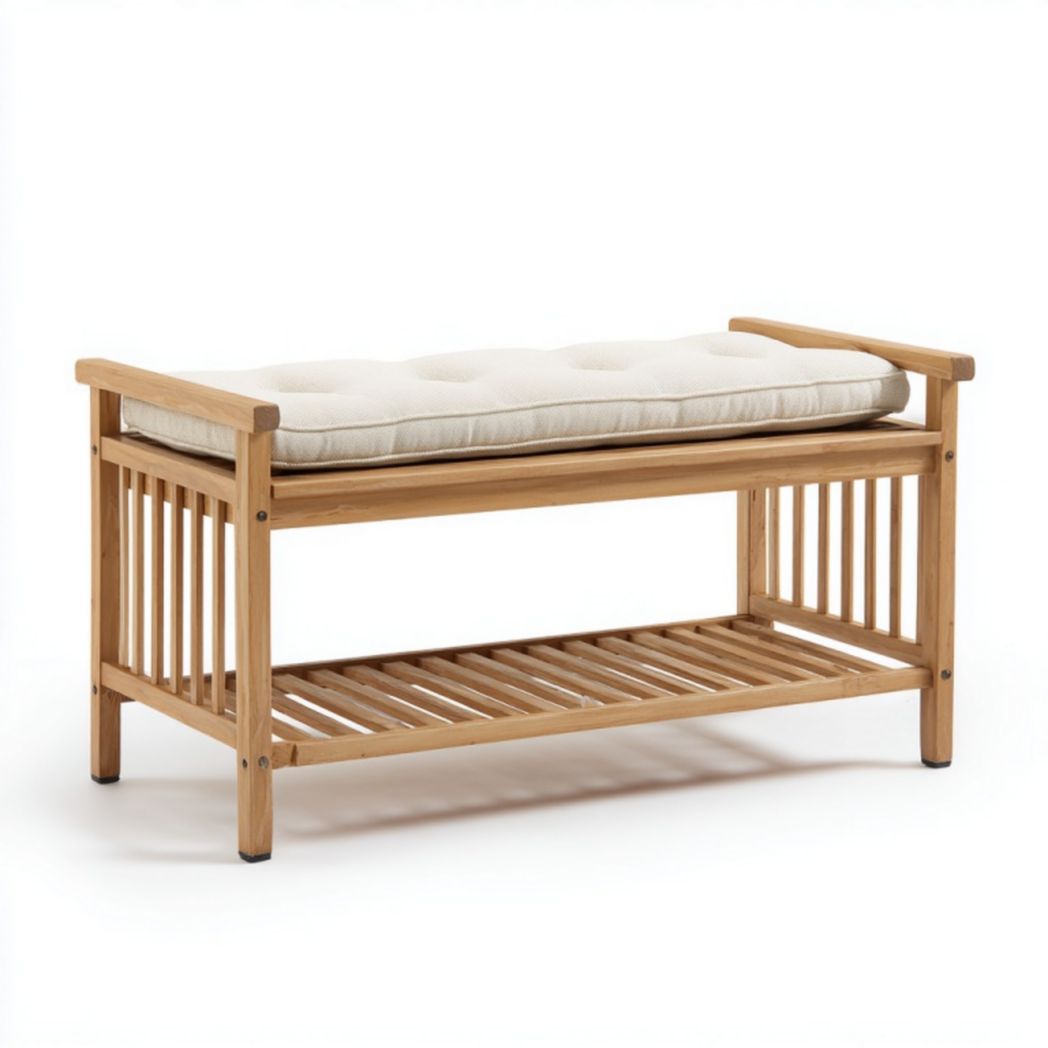 Banc de rangement en bois avec coussin et étagère inférieure