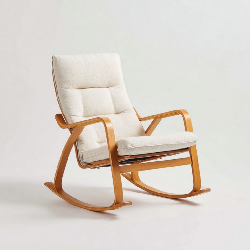 Fauteuil à bascule en bois et tissu beige