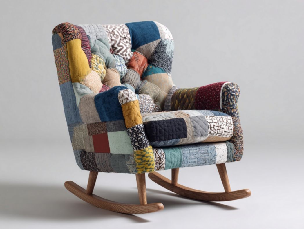 Fauteuil à bascule en tissu patchwork multicolore