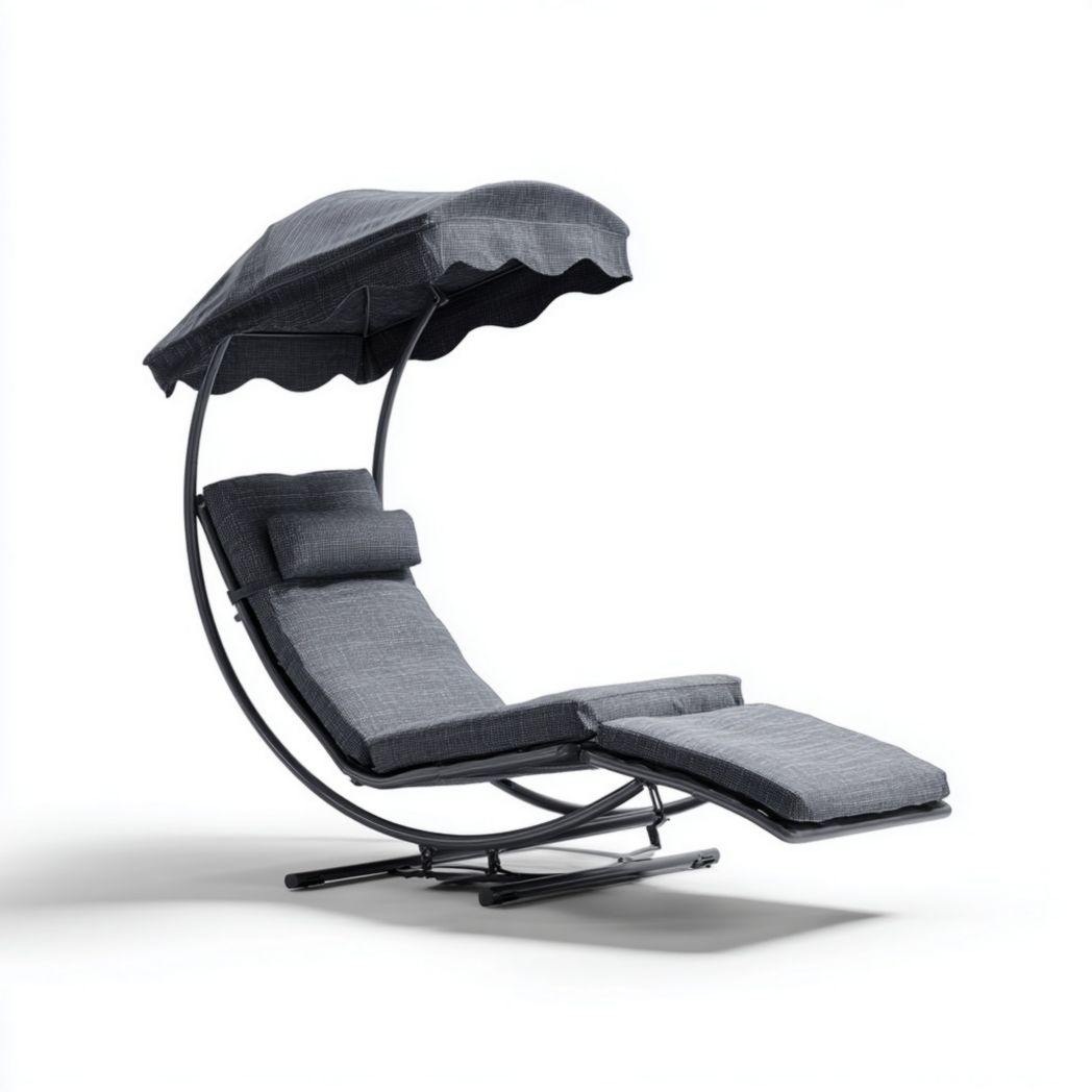 Chaise longue à bascule avec auvent en tissu gris