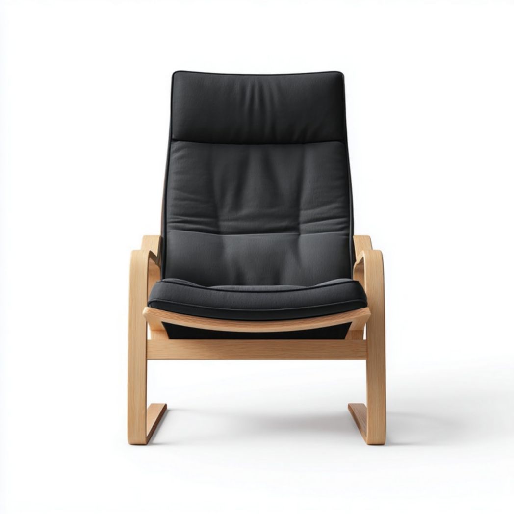 Fauteuil à bascule en bois avec assise en cuir noir