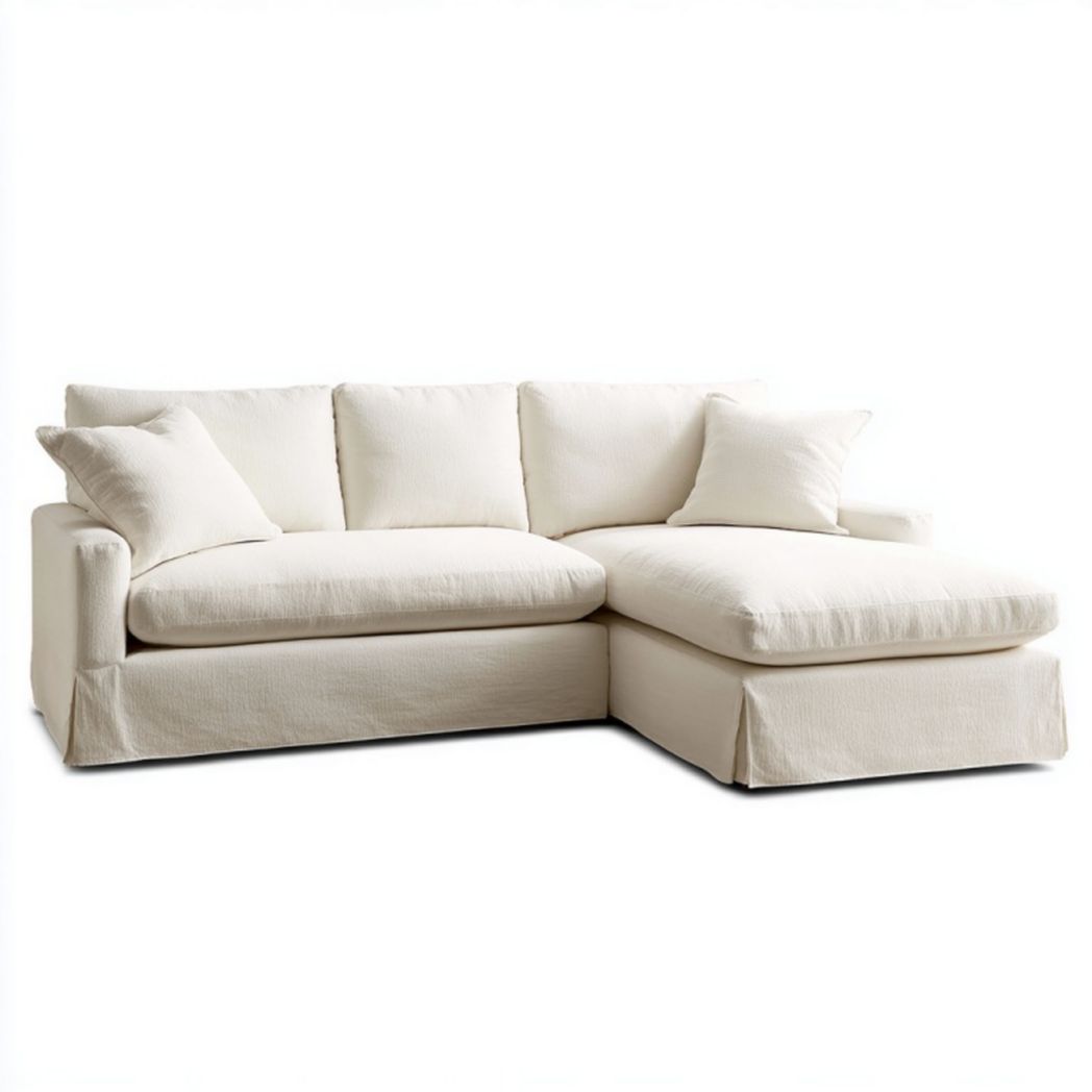 Canapé d’angle en tissu beige cassé avec méridienne