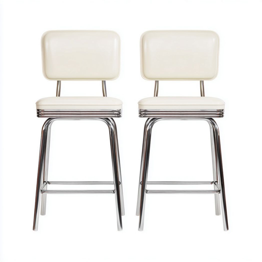 Lot de 2 tabourets de bar rétro en similicuir ivoire avec structure chromée