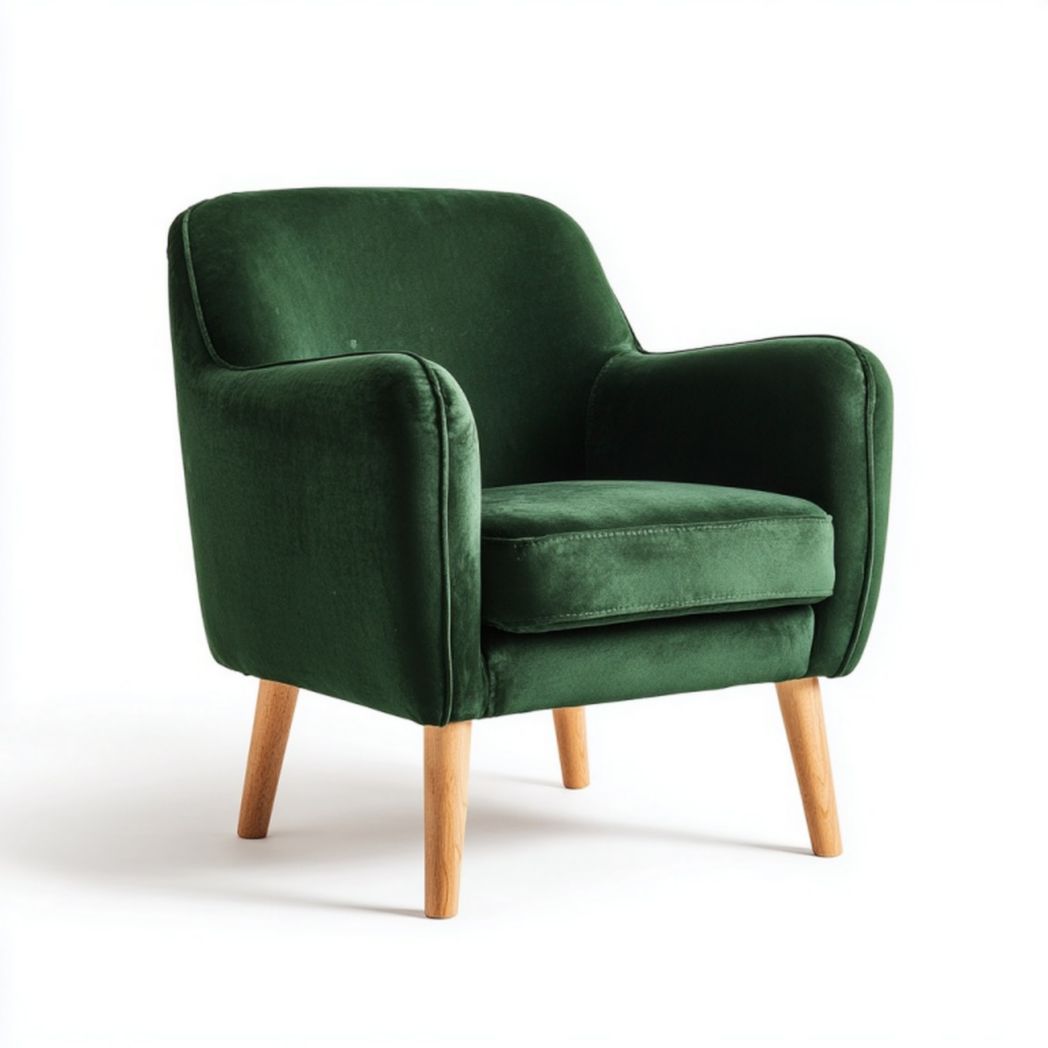 Fauteuil en velours vert avec pieds en bois