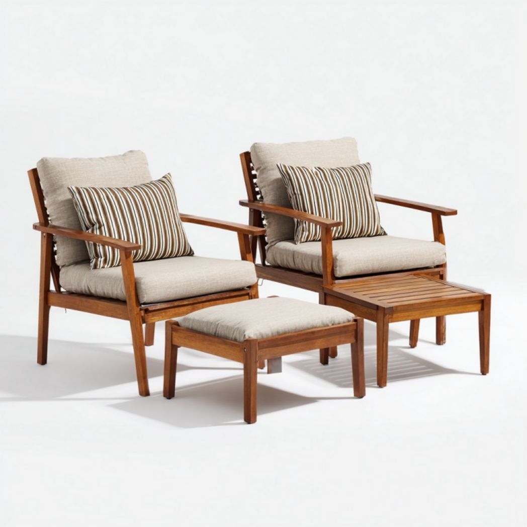 Ensemble de fauteuils de jardin en bois avec repose-pieds et coussins