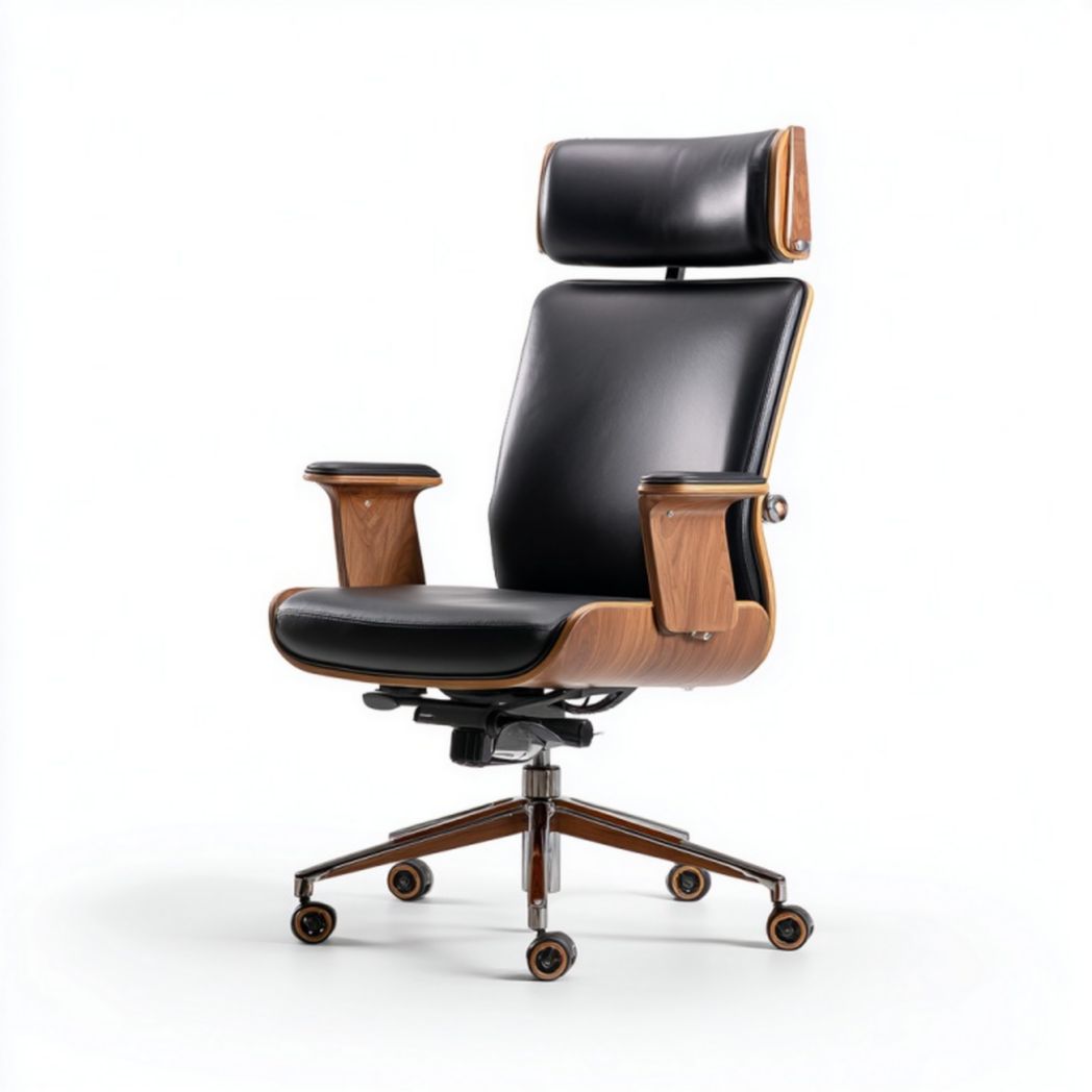 Chaise de bureau ergonomique dossier haut avec accoudoirs en bois et appui-tête réglable