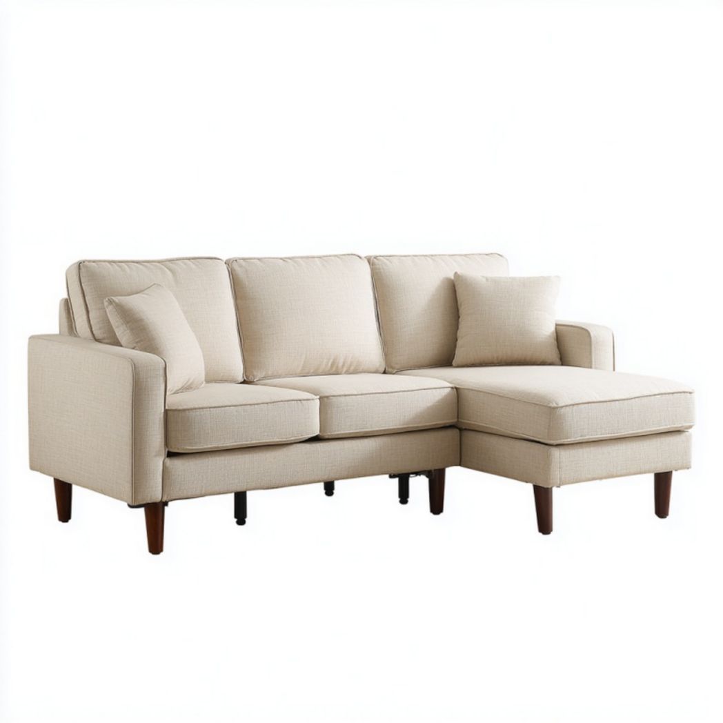 Canapé d’angle en tissu beige avec pieds en bois