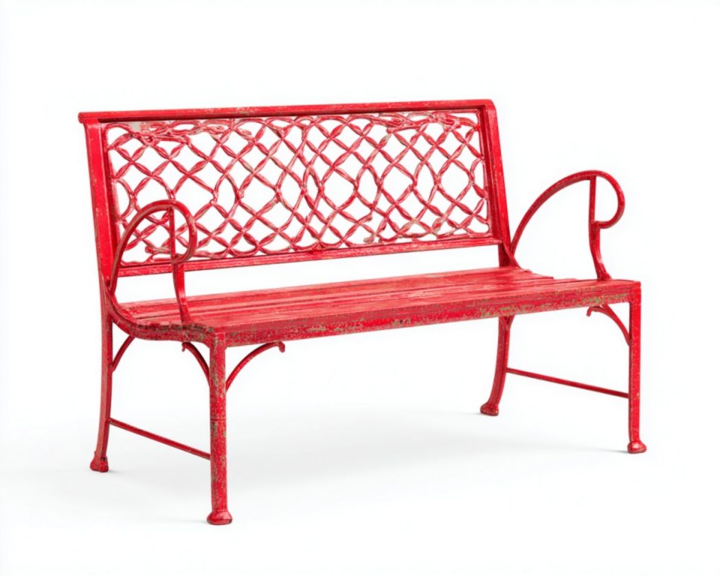 Banc de jardin en métal rouge avec dossier ajouré
