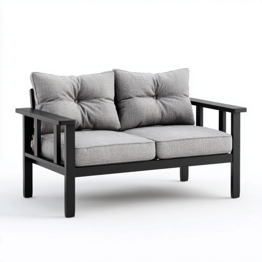 Canapé de jardin deux places en aluminium avec coussins gris