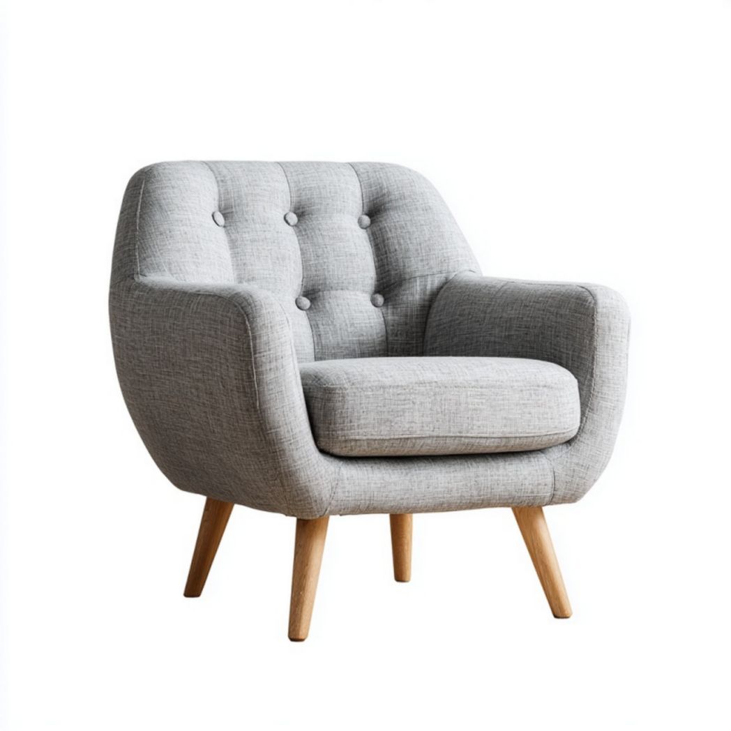 Fauteuil en tissu gris avec pieds en bois