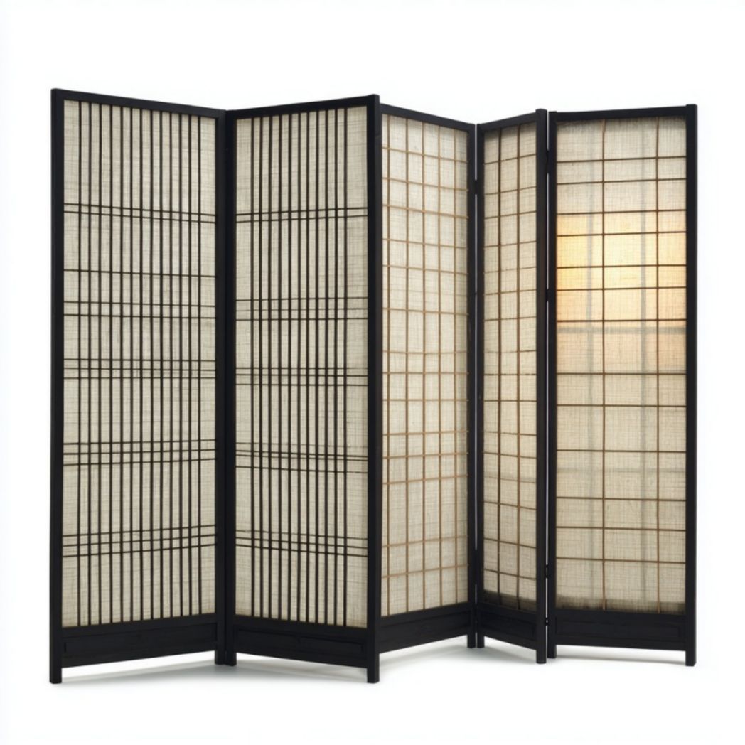 Paravent 4 panneaux style japonais en bois et papier de riz, cadre noir