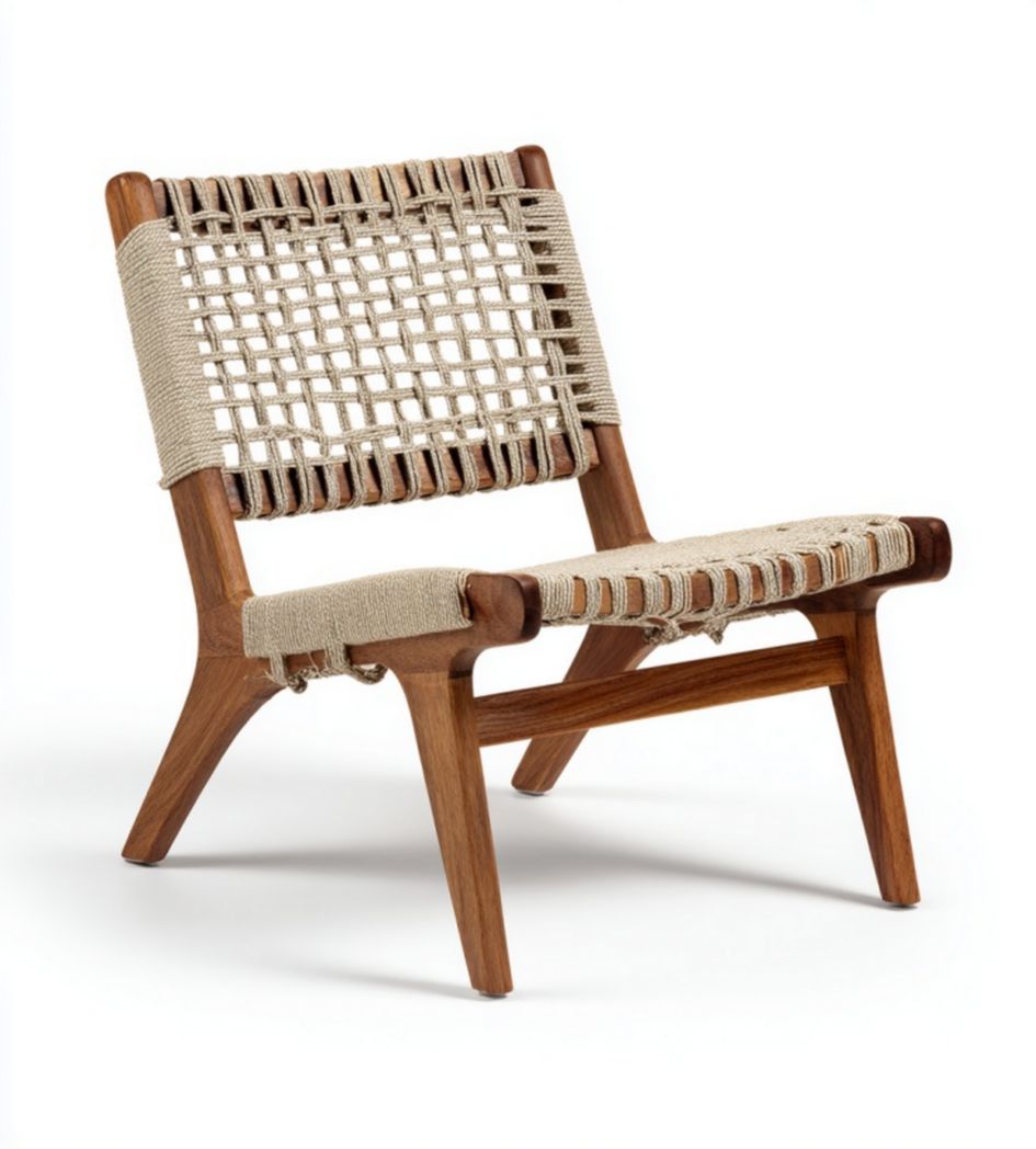 Chaise de détente en bois avec assise et dossier en corde tressée