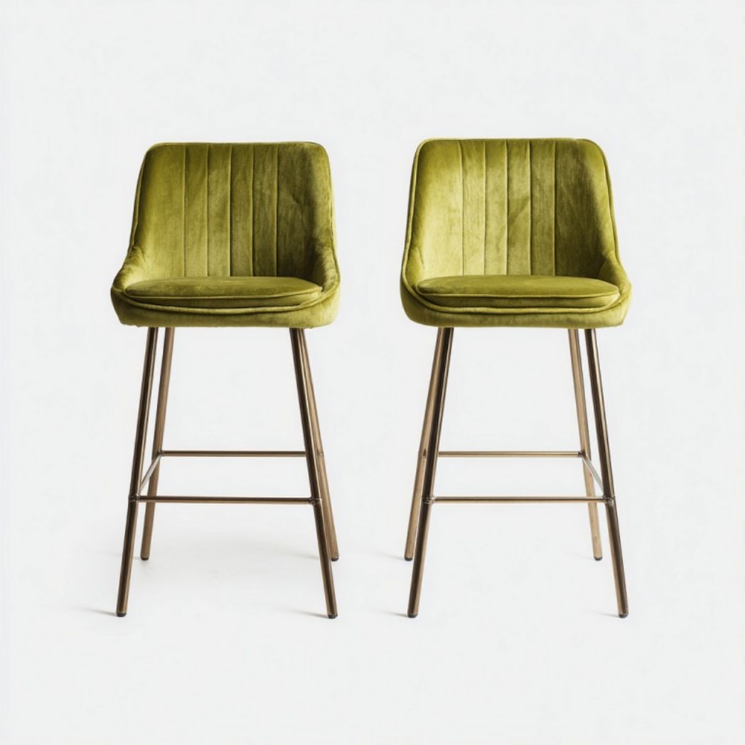 Lot de 2 tabourets de bar en velours vert avec structure métallique